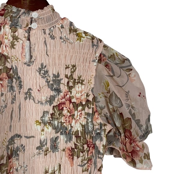 Hello Molly Floral Print Smocked High Neck Bodycon Pink Midi Dress 4 Small - Picture 11 of 15